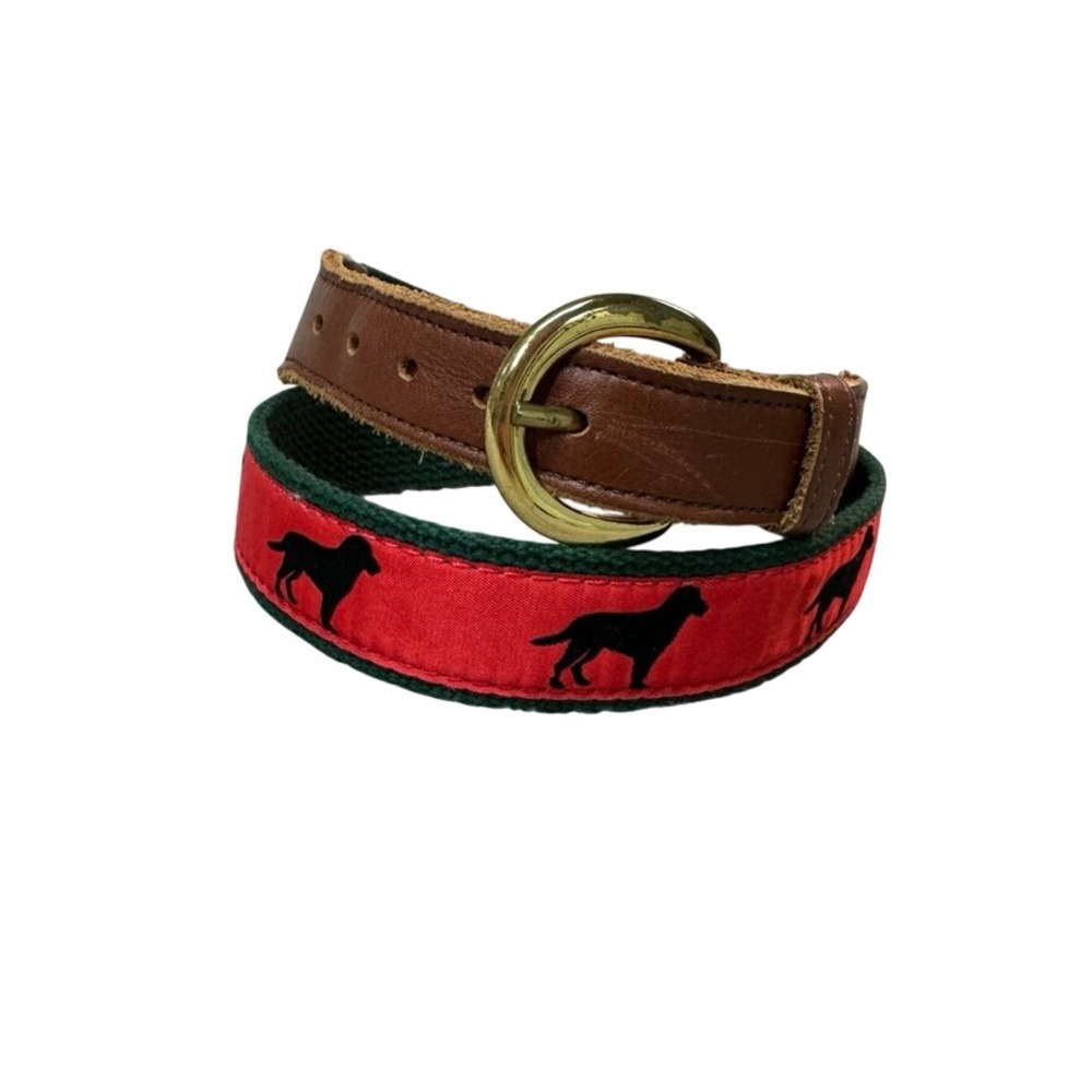 Preston Leather Products Mens 32 Black Lab Dog Surcingle Belt Red Green USA Made